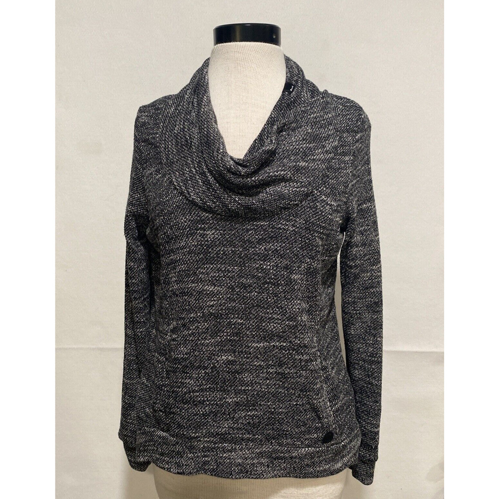 Bench Womens Medium Cowl Neck Sweater Black White Marl Knit Pullover Snap Pocket